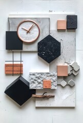 Abstract wall art, a collection of textured shapes and forms, showcasing different shades of concrete, wood, and metal  A clock is centrally placed