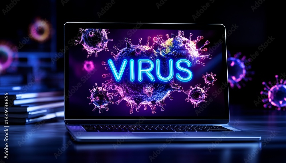 Poster laptop computer displaying neon virus text with microscopic virus particles, cybersecurity concept