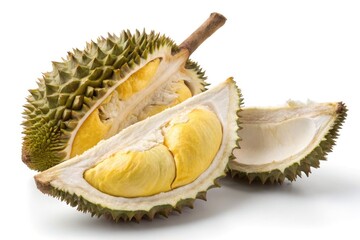 Obraz premium Durian Fruit Cut Open Revealing Rich Yellow Flesh and Aroma Generative AI
