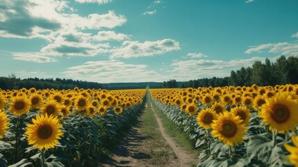 Fototapeta premium Long dirt road through sunflower blooms with bright blue sky fading to white in the background