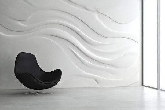 Modern Interior with Curved Design. A modern interior features a black armchair in front of a curved, white wall with a window. The design is minimalist and elegant.