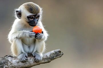 Obraz premium fruit monkey sitting on tree limb holding Vervet