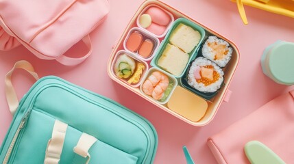 Colorful lunchbox assortment on a pastel pink surface.