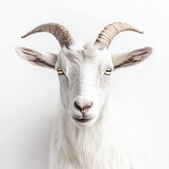 Portrait of a White Goat with Curved Horns on White Background