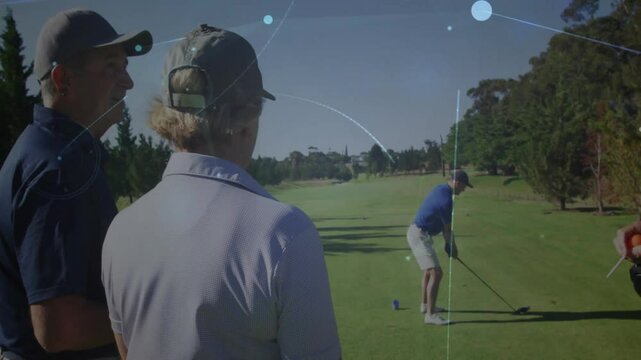Mature adult man swinging golf club on fairway, with animated sports data icons and trajectory line
