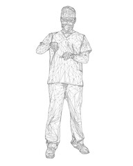 Obraz premium A man in a white shirt and pants is standing in front of a white background. He is wearing a white lab coat and he is a doctor