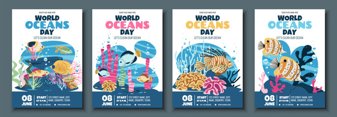World Oceans Day Flyer Set Featuring tropical fish on Coral Reef. Perfect for eco festival invitations, school marine workshops and aquarium fundraising events. Customizable vector templates.