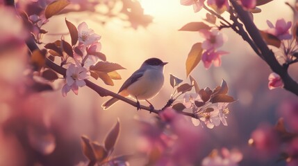Fototapeta premium Small Bird on Flowering Branch at Sunrise
