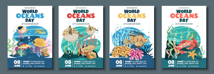 Obraz premium World Oceans Day Flyer Set Featuring Crab, tropical fish, lionfish and Pufferfish on Coral Reef. Flat Design Vector Templates for Marine Conservation Events, Beach Cleanups and Ocean-Themed Parties