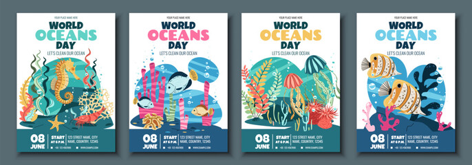 World Oceans Day Flyer Set Featuring tropical fish, seahorse and jellyfish on Coral Reef. Vector Templates for Marine Conservation Events, Beach Cleanups and Ocean-Themed Parties. Vector templates