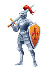 Medieval knight in shiny armor holding sword and shield. Vector cartoon character illustration