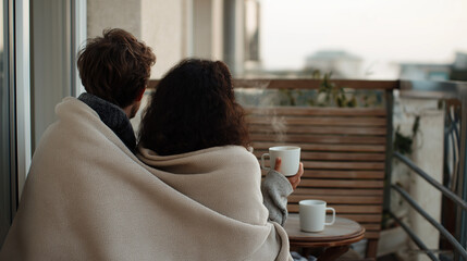 Cozy couple on balcony enjoying coffee at sunrise