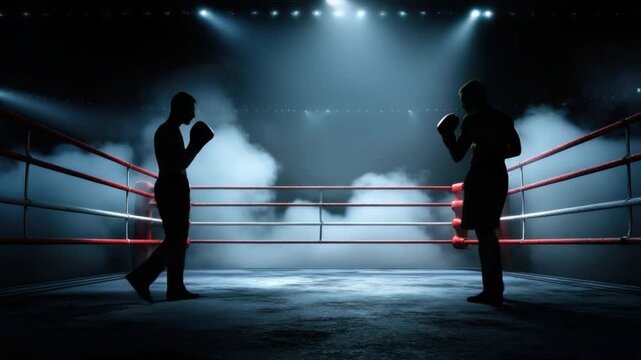 Shadow Boxing Showdown: Silhouette of two boxers facing each other within a boxing ring, enveloped in a dramatic atmosphere, under the focused glow of the spotlight. 