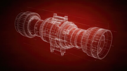 Schematics of curved engine design drawn in layered tech lines on a matte red backdrop