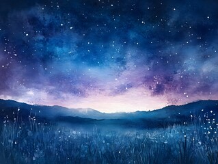Fototapeta premium Watercolor Night Sky Painting: Starry Night Landscape Art with Purple Hues and Blue Shades