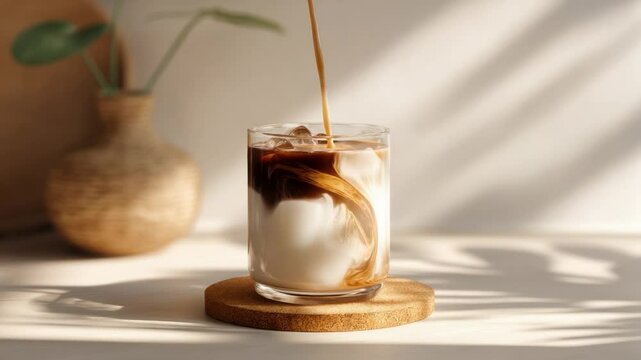 Iced Latte Art: A stream of rich espresso is poured over ice and milk, creating a beautiful marbled effect in a clear glass. The drink sits on a wooden coaster.