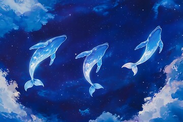 Fototapeta premium vibrant aurora shaped like whales swimming across the firmament
