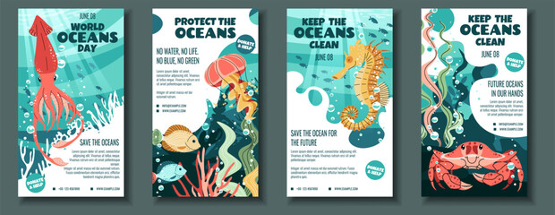 World Oceans Day Social Media Story Templates. Flat Design Squid, Jellyfish, Crab and Seahorse on Coral Reef. Perfect for Marine Conservation Posts, Aquarium Promotions and Ocean-Themed Brand Content. © Siawi_art