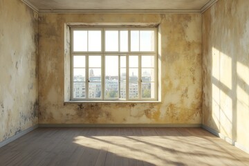 Empty Room with Weathered Plaster Walls, Sunlight Through Window and Wooden Floor