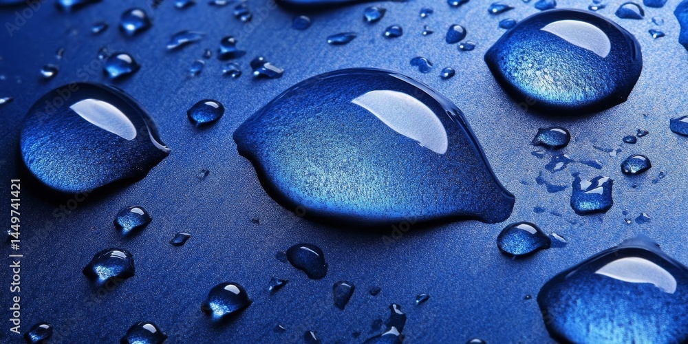 Poster water droplets on blue background, abstract vibrant reflective macro with pattern close-up view