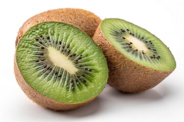 Fototapeta premium Halved Kiwi on White Background With Vibrant Green Flesh