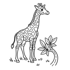 Obraz premium Giraffe coloring page standing near a tree on a grassy field 
