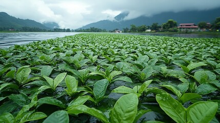 Fototapeta premium Lush green aquatic plants in a tranquil lake setting.