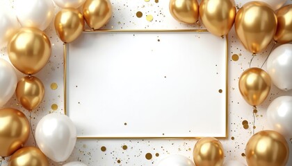 Golden and white balloons with confetti. Blank gold frame for text or logo. Festive birthday anniversary celebration background. Grand opening party template with happy event banner.