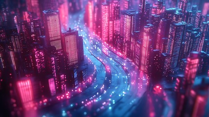 Neon city lights in futuristic urban environment