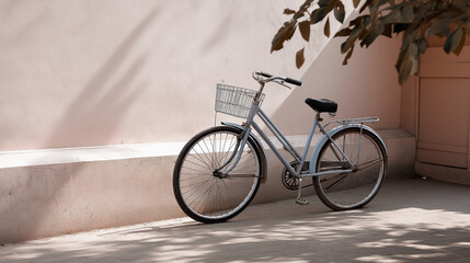 Nostalgic Old Bicycle Against Faded Pastel Wall in Warm Light