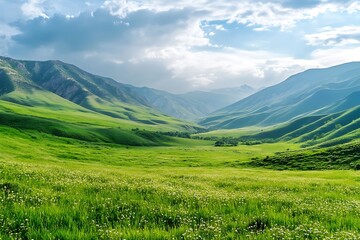 Obraz premium Serene Green Valley Landscape under a Cloudy Sky Lush Meadows and Rolling Hills Peaceful Nature Scene