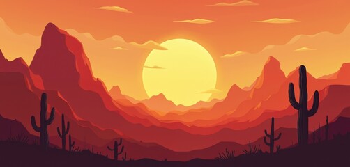 Fototapeta premium Desert sunset illustration, red orange sun, silhouette rocky mountains, cactus plants. Nature landscape, scenic view, abstract background, graphic design art. Travel, tourism, adventure, western
