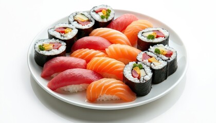 Plate assorted sushi rolls. Variety of tuna, salmon, yellowtail nigiri and maki sushi. Japanese food. Fresh raw seafood served on white plate. Healthy diet, tasty gourmet meal.
