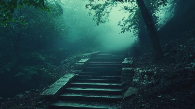 Misty forest path with stone steps leading upward