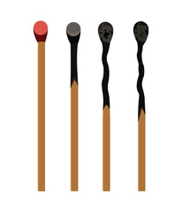 Set of matchsticks with different colored tips and burned ends isolated on white background