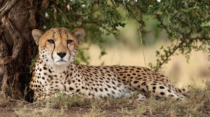 Fototapeta premium Serene Cheetah Resting Under Acacia Shade, African Savanna