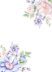 Watercolor flowers, floral frame for greeting card, invitation and other printing design. Isolated on white. Hand drawing.	
