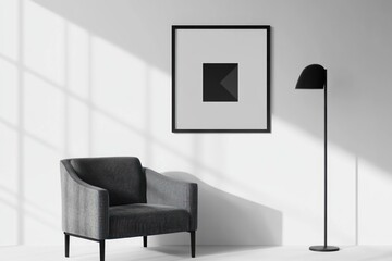Minimalist living room scene with framed art, armchair and floor lamp.  Soft light streams in through large windows.  Clean lines and neutral colors create a serene atmosphere.  Simple, modern design
