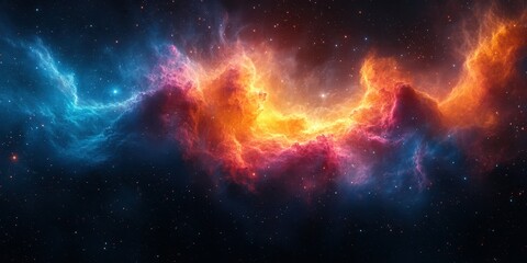 Vibrant colors of a cosmic nebula illuminated against a starry backdrop in deep space