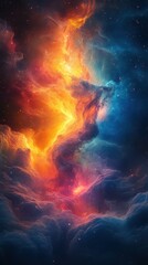 Vibrant cosmic nebula with swirling orange and blue colors in a starry expanse showcasing celestial beauty