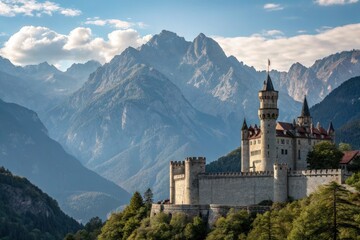 Fototapeta premium Majestic Castle in Mountains at Sunrise With Clear Skies Generative AI