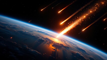 Fototapeta premium Meteor shower with fiery trails over Earth from space.