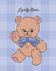 Vintage and cute teddy bear character illustration on purple checkered background
