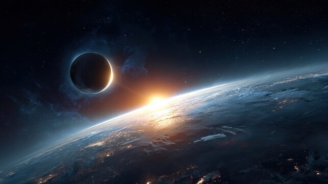A breathtaking view of a solar eclipse from space.  The dark silhouette of the moon eclipses the sun, casting a dramatic shadow on Earth below.