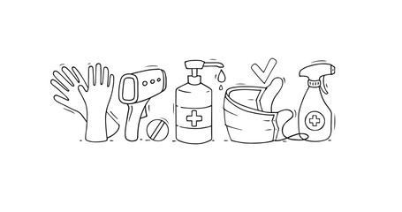 Cartoon icon banner - disease prevention. Hand drawn signs - medical healthcare objects . Doodle vector illustrations with mask, gloves, sanitizer.