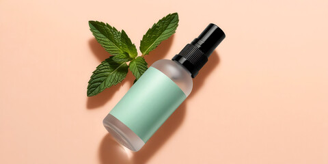 A spray bottle with a mint green label lies beside fresh mint leaves on a peach-colored background.
