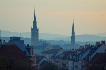 Obraz premium Cityscape with Church Spires at Dusk