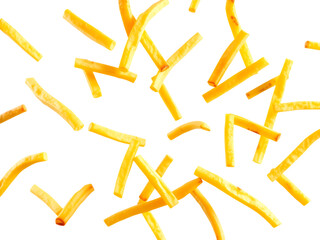 Fototapeta premium Golden French Fries Falling on Black Background on a transparent background