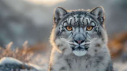 Fototapeta premium Close-up Portrait of a Snow Leopard in Snowy Mountains 
