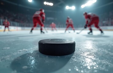Hockey puck close-up arena ice. Professional ice hockey players compete with sticks on ice. Intense game, winter sport, dynamic action, players in red uniforms. Championship, competition.
